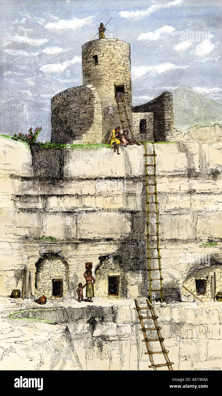Prähistorische Cliff - Wohnungen und Mauerwerk Turm im Südwesten, eine Restaurierung. Hand - farbige Holzschnitt Stockfoto