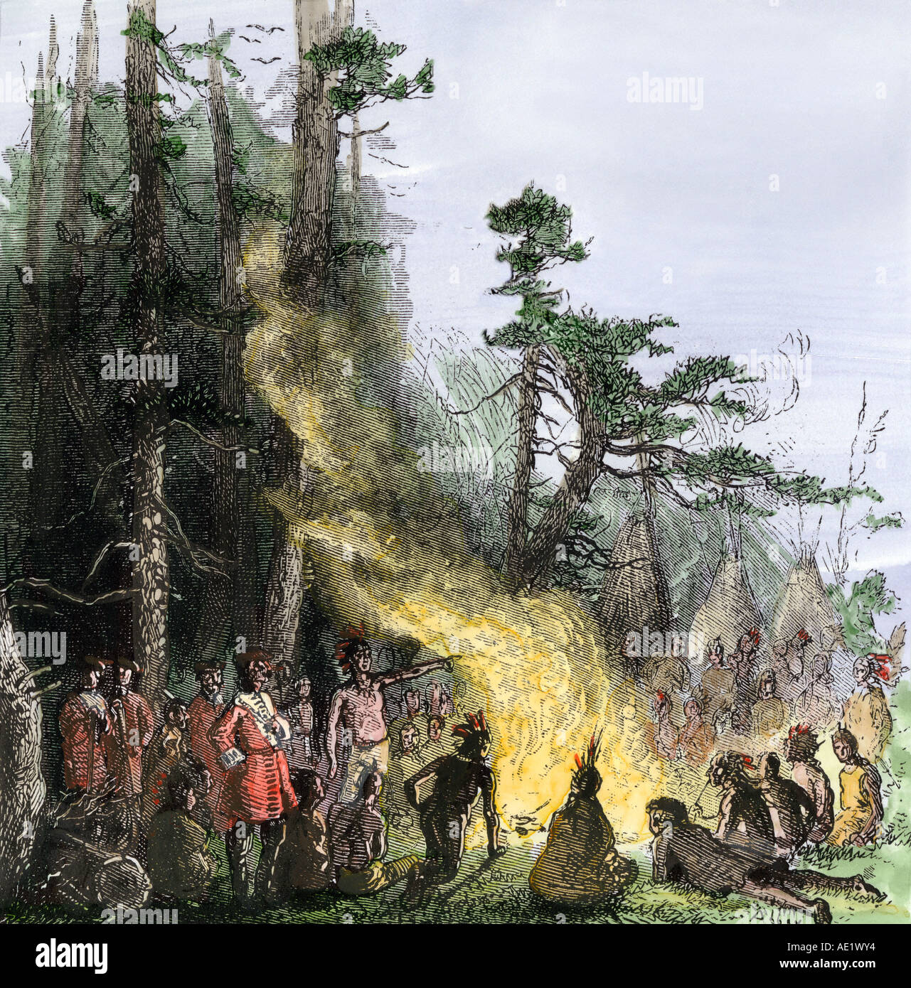 Onandaga Krieger und britische Soldaten um einen Rat Feuer 1700. Hand - farbige Holzschnitt Stockfoto