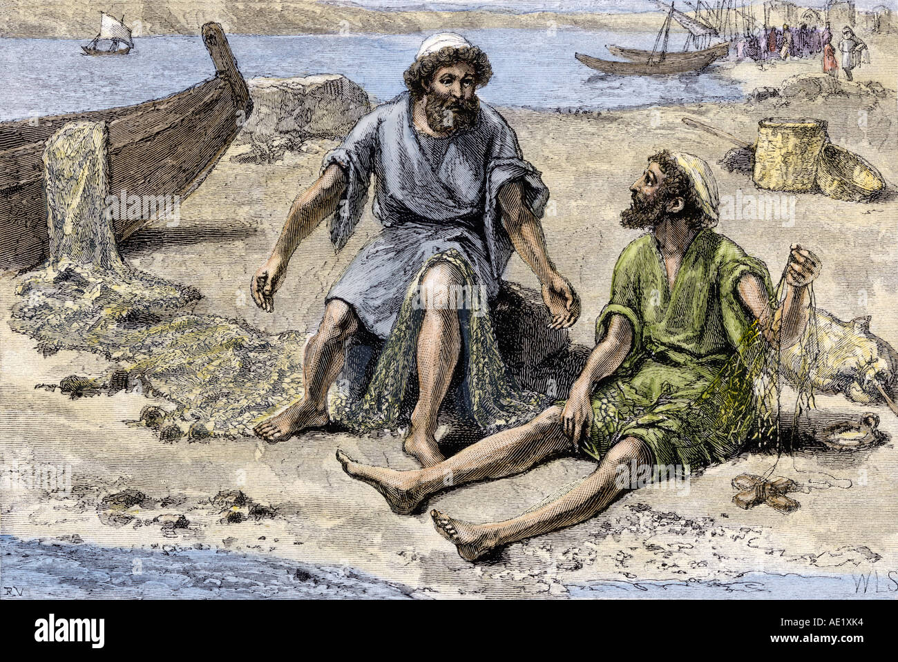 Peter und Andreas, daß sie ihre Netze flickten durch das Meer von Galiläa, bevor er Jünger Jesu. Hand - farbige Holzschnitt Stockfoto