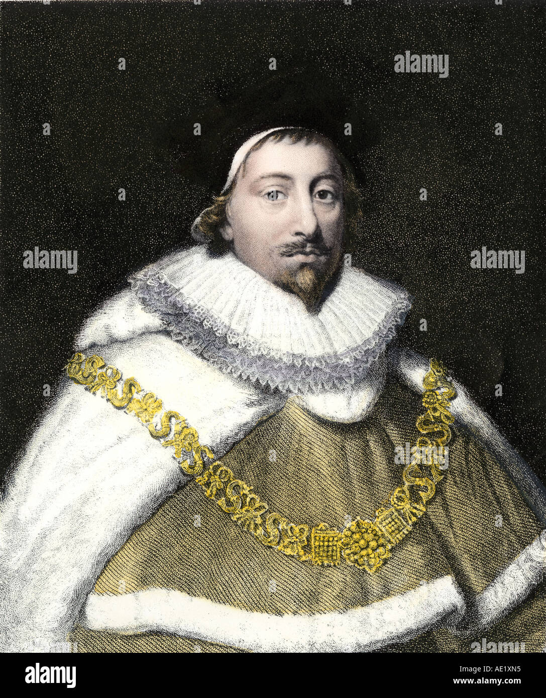 Sir Edward Coke portrait. Handcolorierte Stahlstich Stockfoto