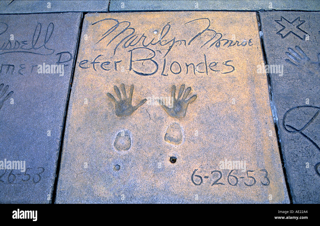 Schuh und Handabdruck von Marilyn Monroe walk Fame Stadt Los Angeles Viertel Hollywood Bundesstaat Kalifornien Usa Stockfoto