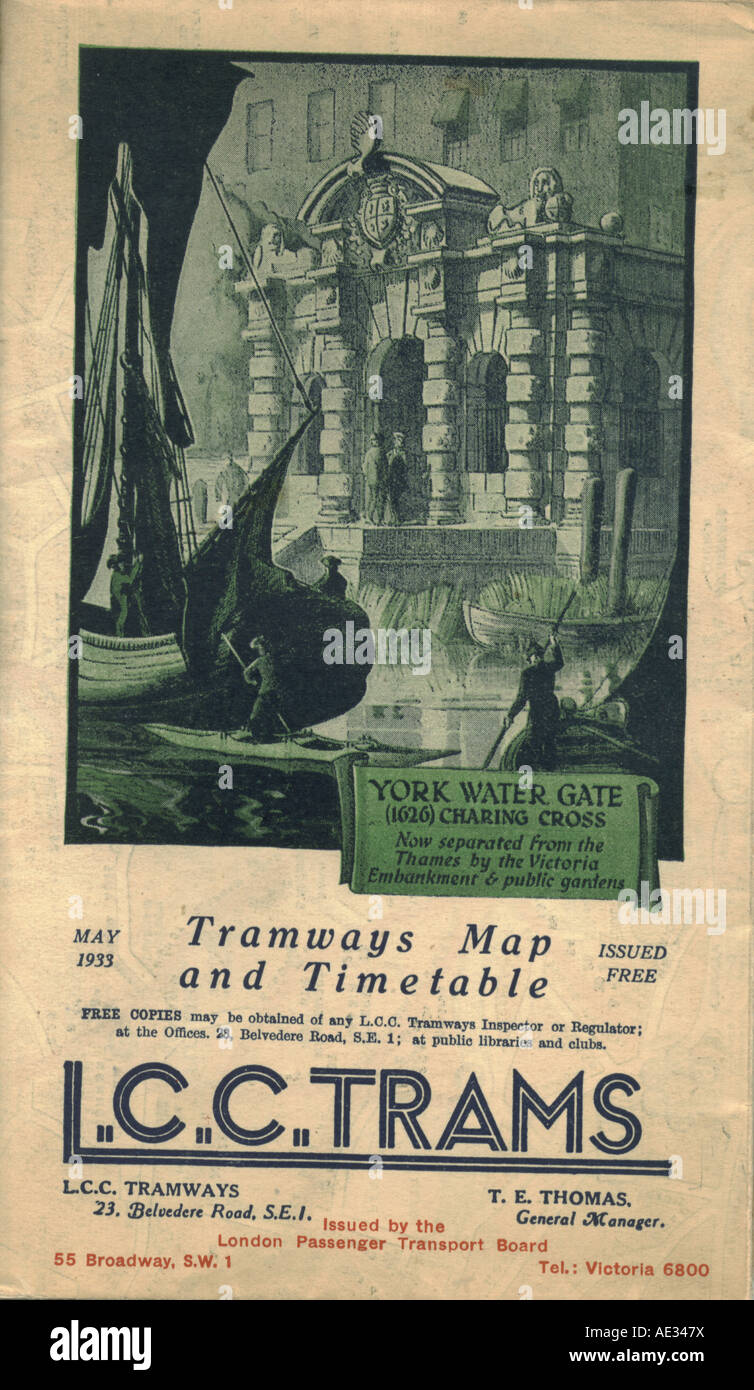 LCC Straßenbahnen Karte & Zeitplan 1933 Stockfoto