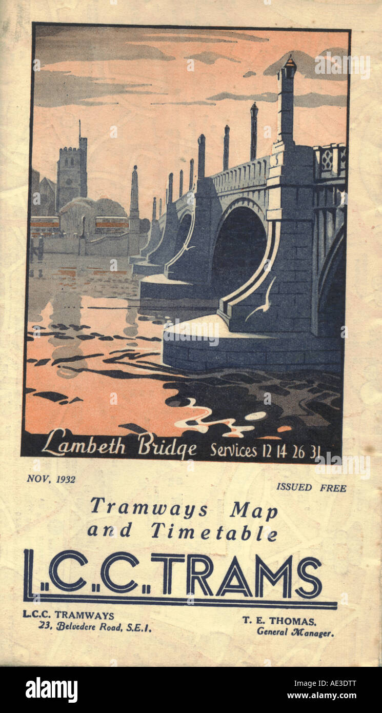 LCC Straßenbahnen Karte & Zeitplan 1932 Stockfoto