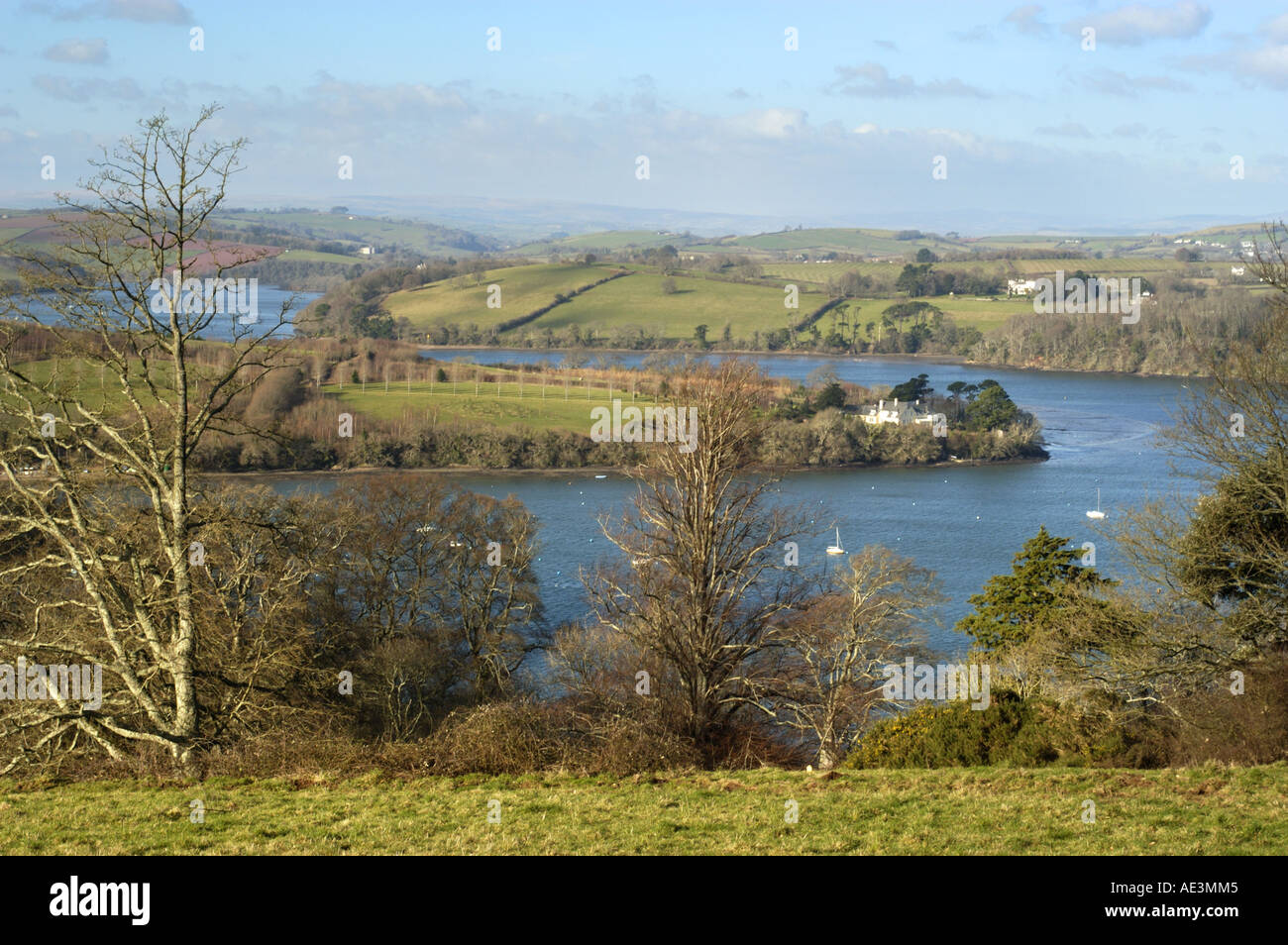 Blick aus dem John Musgrave Heritage Trail über Greenway mit Rive Dart hinter South Devon Stockfoto