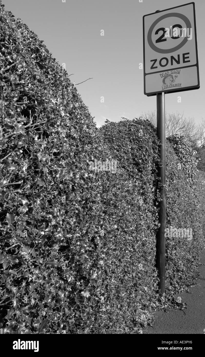 20 Meilen pro Stunde Zone Zeichen und Hecke Stockfoto