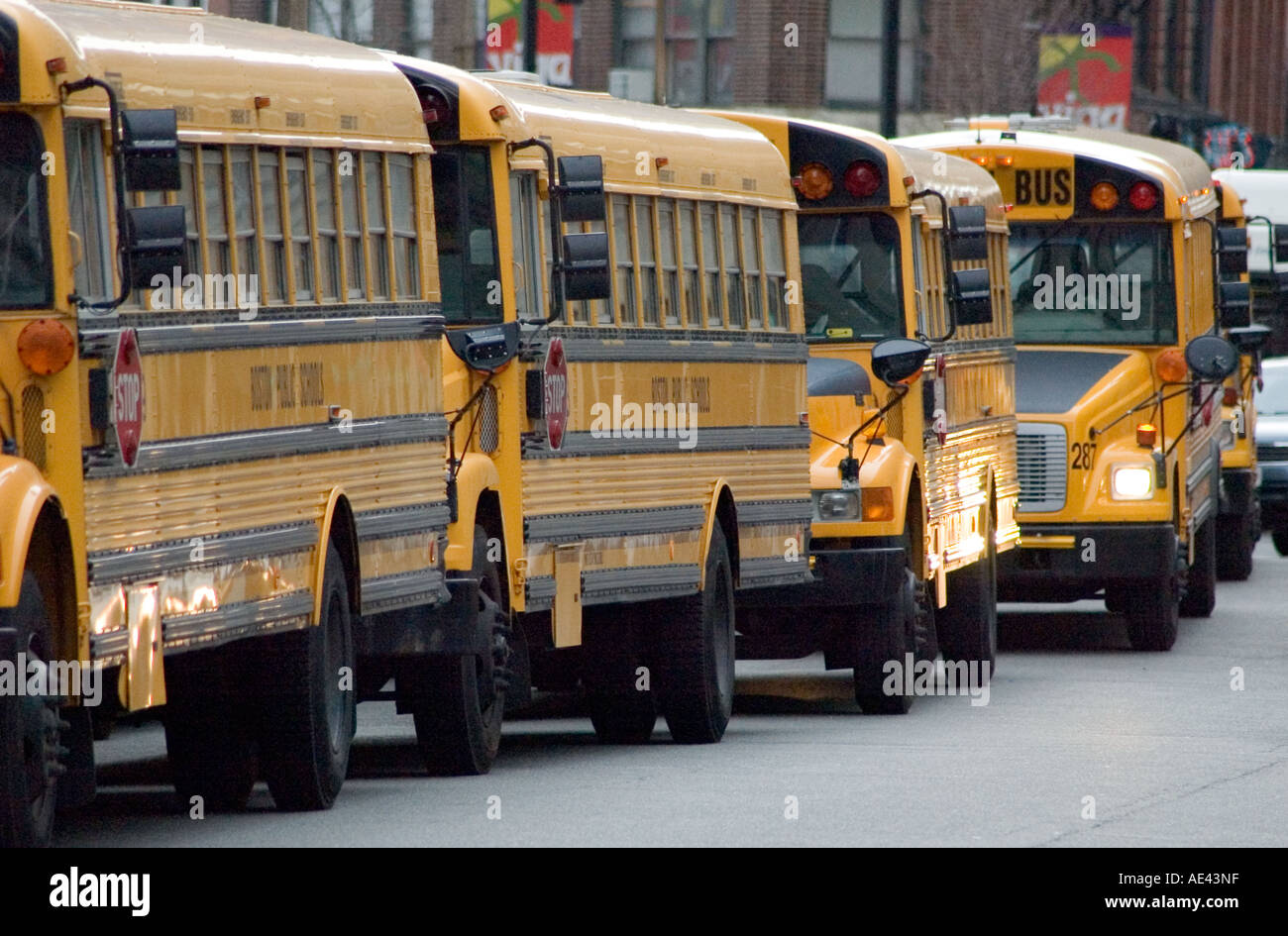 Schule Busse für den Transport der Läufer nach dem Boston Massachusetts Stockfoto
