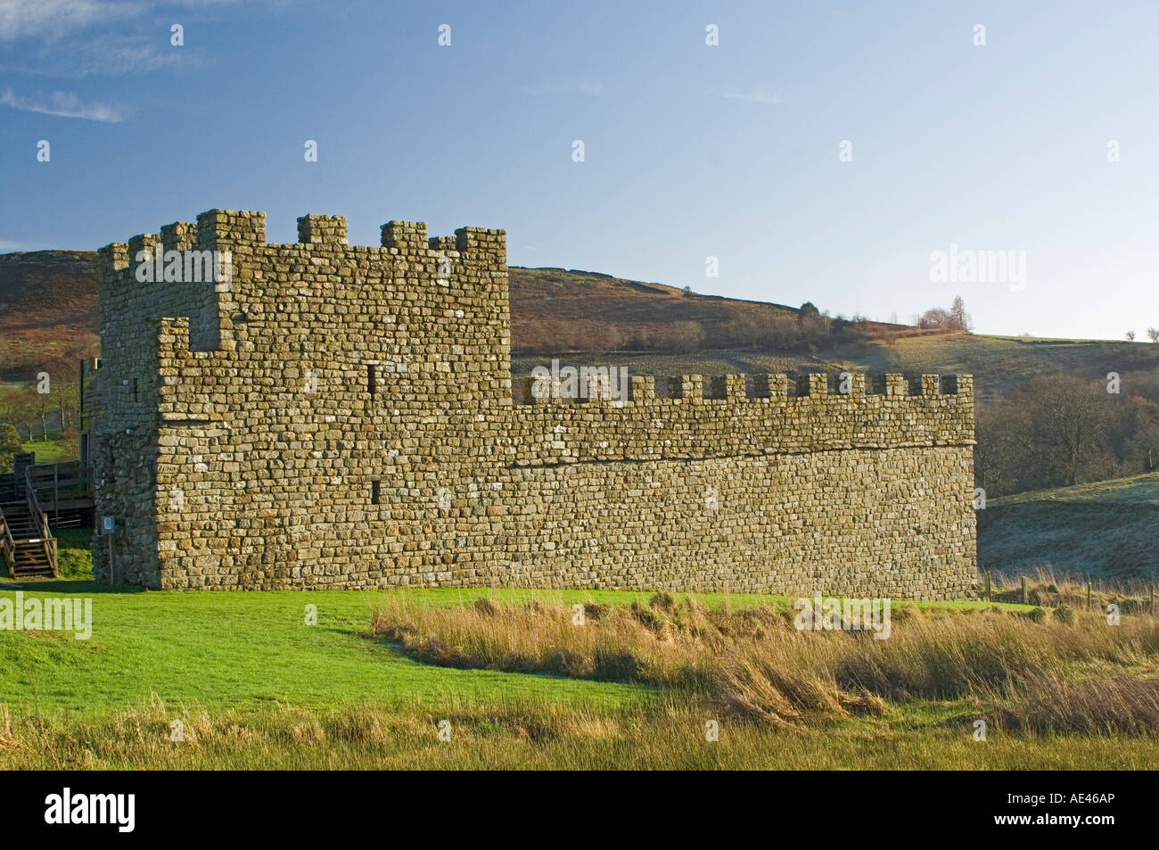 Teil-Wiederaufbau der Mauer und Turm am römischen Siedlung und Festung bei Vindolanda, Northumbria, England, UK Stockfoto