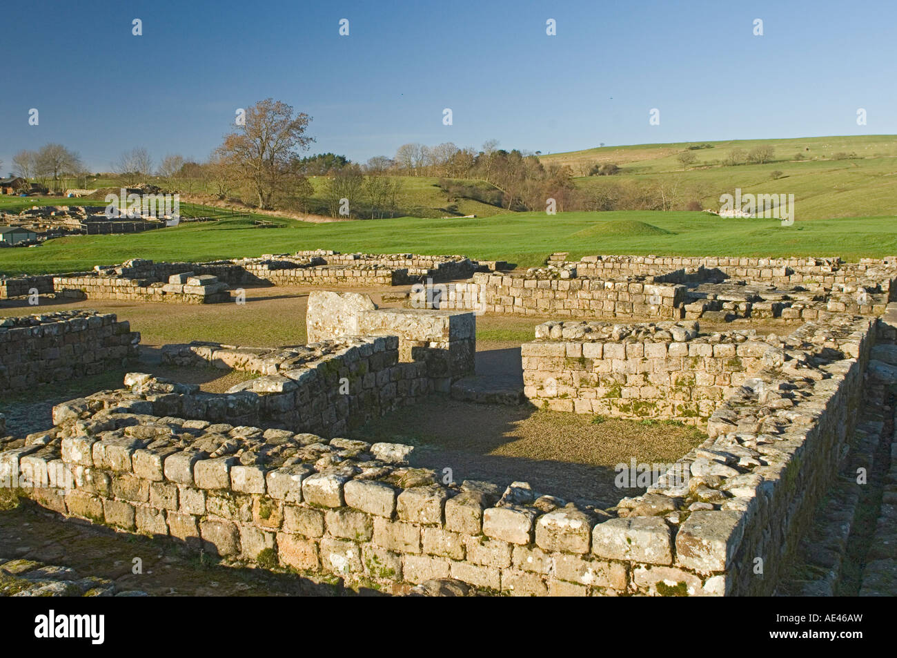 Hochhaus, römische Siedlung und Festung an Vindolanda, Roman Wall Süd, Northumbria, England, UK Stockfoto