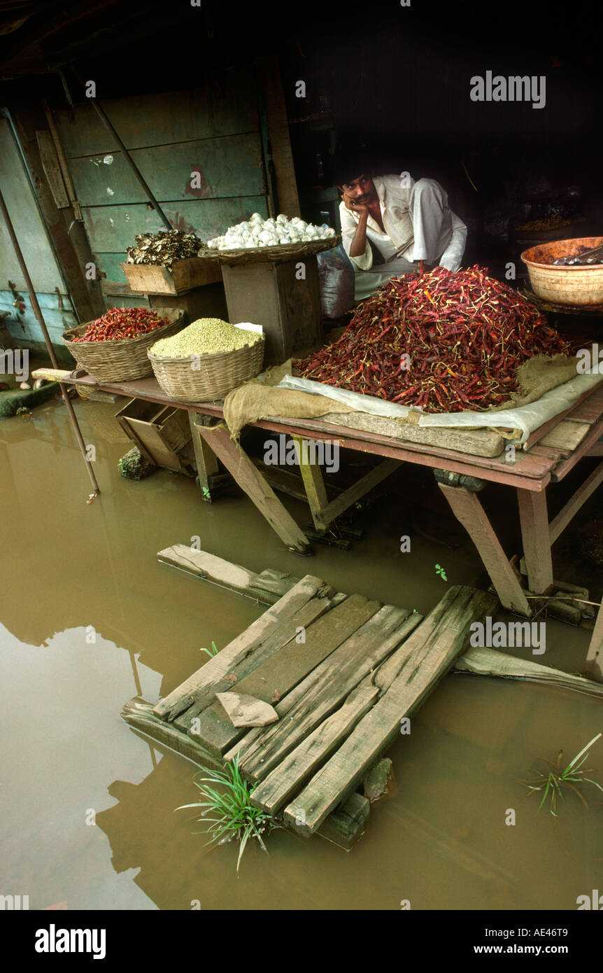 Indien Goa Vasco de Gama Basar Monsun Mann am überflutet Chili-Stand Stockfoto