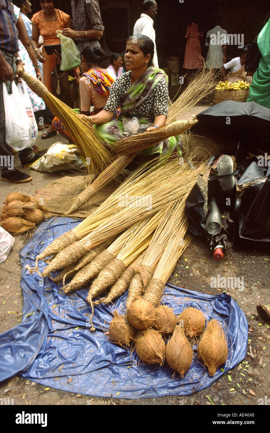 Indien Goa Mapusa Markt Frau verkaufen Besen und Kokosnüsse Stockfoto