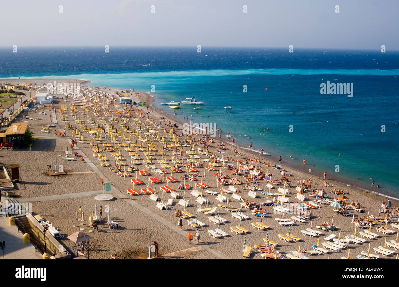 Luftaufnahme über Elli Beach und Ammos zeigen, Rhodos Stadt, Rhodos, Dodekanes, griechische Inseln, Griechenland, Europa Stockfoto
