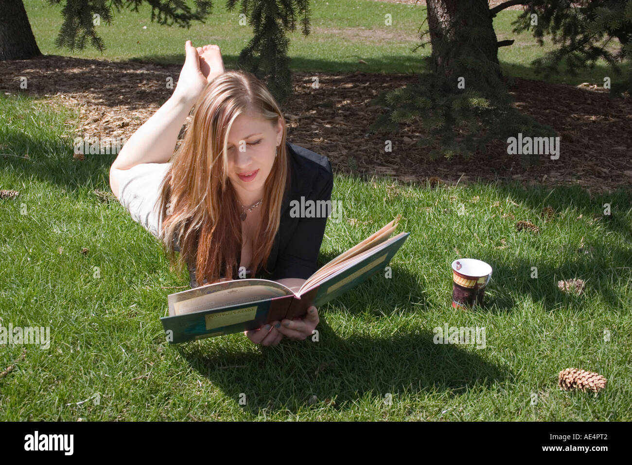 Mädchen-Lesebuch im Park in Calgary Alberta Kanada Stockfoto