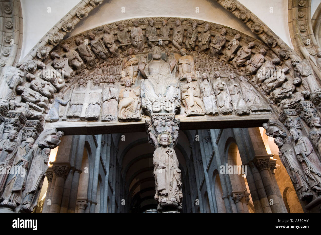 Details aus der Veranda La Gloria, ein Meisterwerk der romanischen Kunst, Catedral de Santiago, Santiago de Compostela, Galicien, Spanien Stockfoto