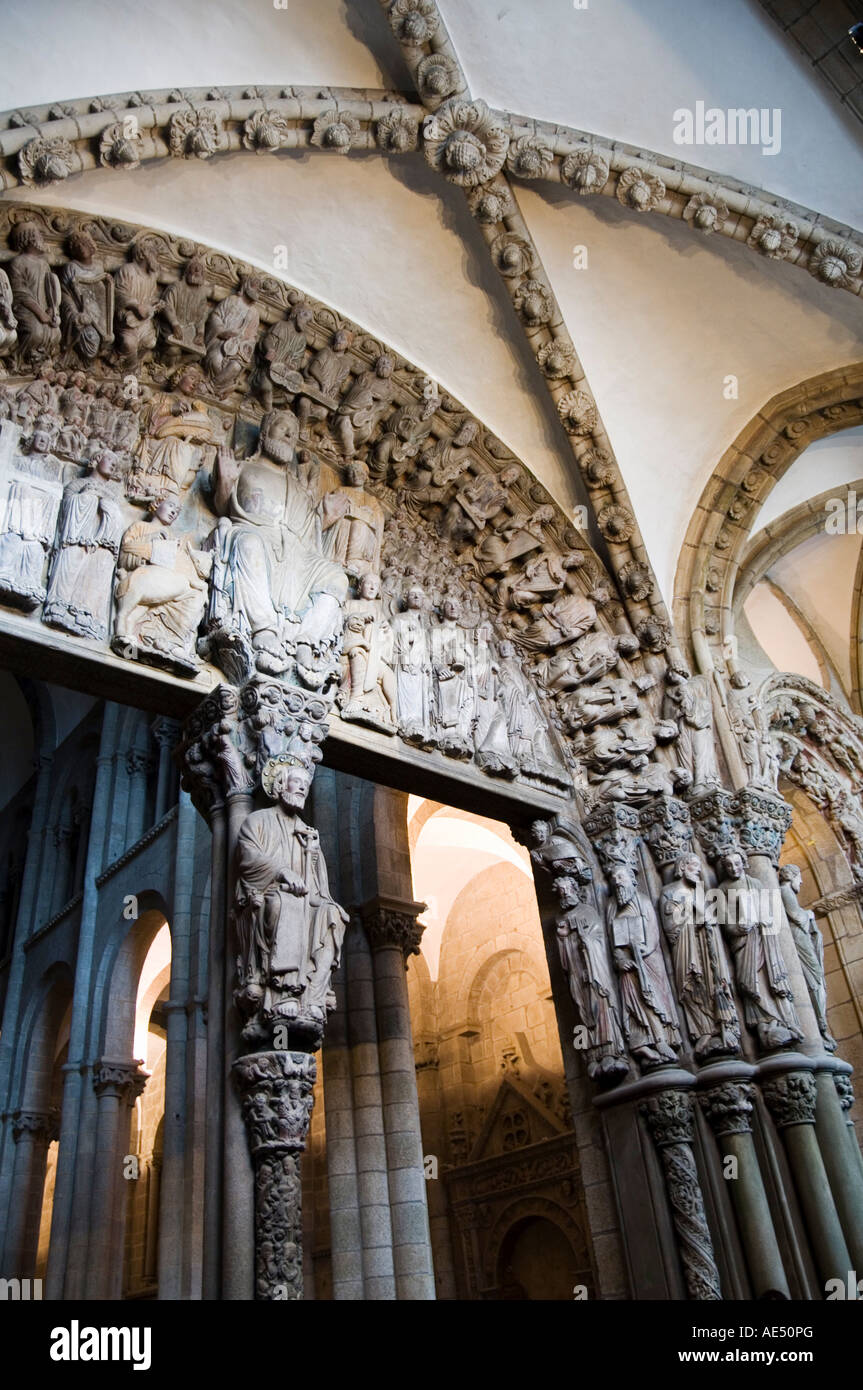 Details aus der Veranda La Gloria, ein Meisterwerk der romanischen Kunst, Catedral de Santiago, Santiago de Compostela, Galicien, Spanien Stockfoto