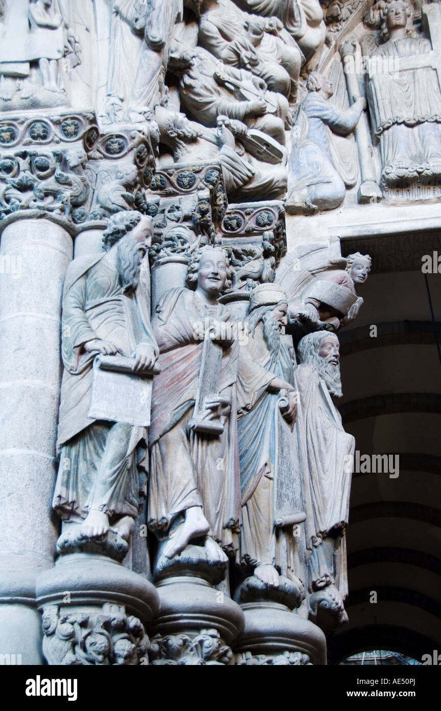 Details aus der Veranda La Gloria, ein Meisterwerk der romanischen Kunst, Catedral de Santiago, Santiago de Compostela, Galicien, Spanien Stockfoto