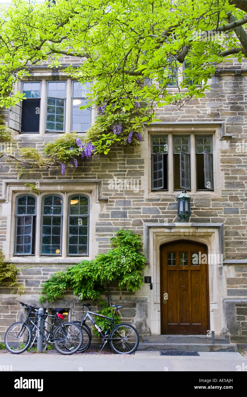 Stiftskirche gotische Architektur des Joline Hall Wohnheim Gebäude an der Princeton University mit Glyzinien und Fahrräder - New Jersey Stockfoto