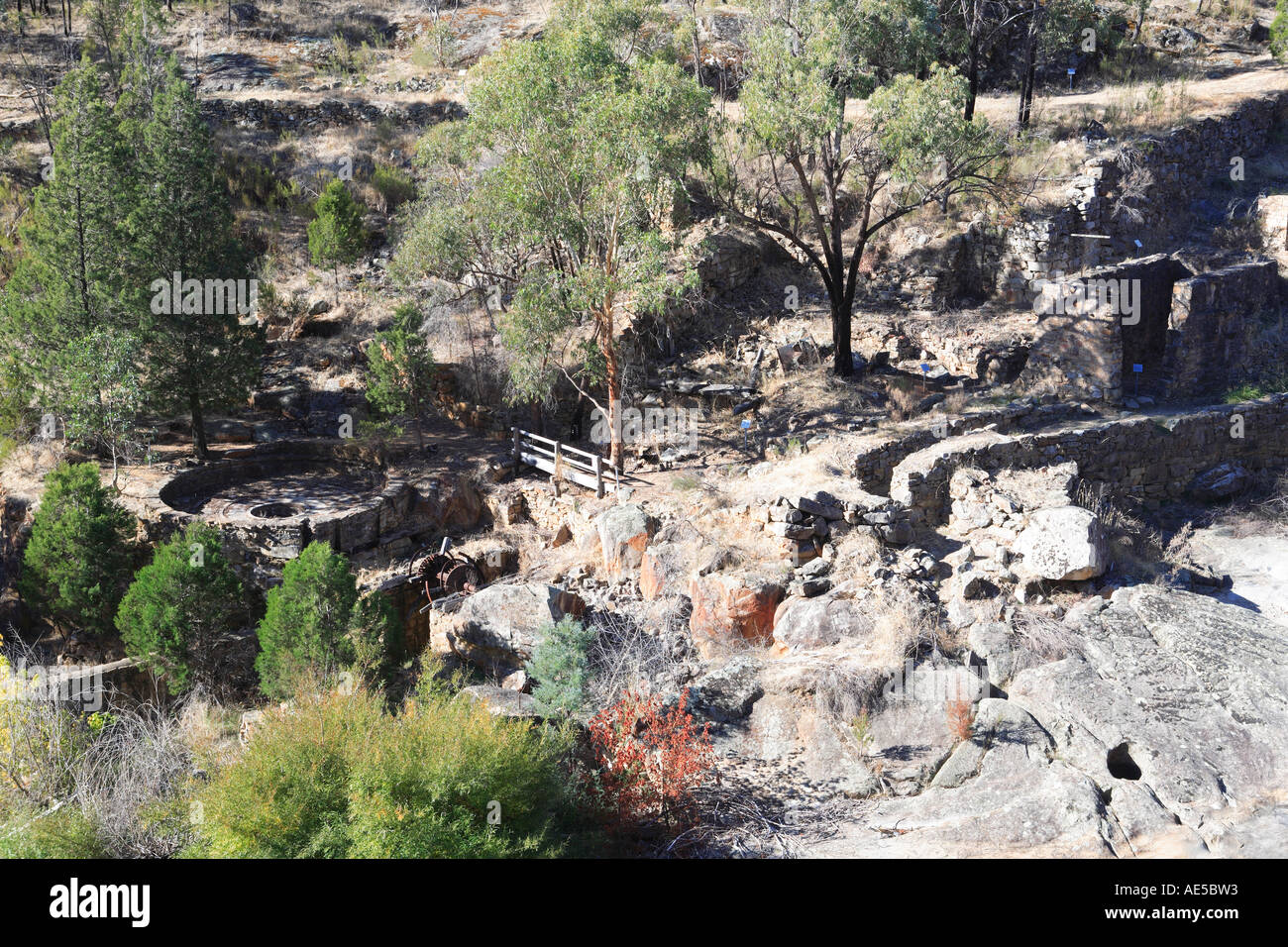 Ruinen der Goldrausch Bergbaugebiet, fällt Adelong Schlucht, Adelong nahe Tumut, New-South.Wales, Australien Stockfoto