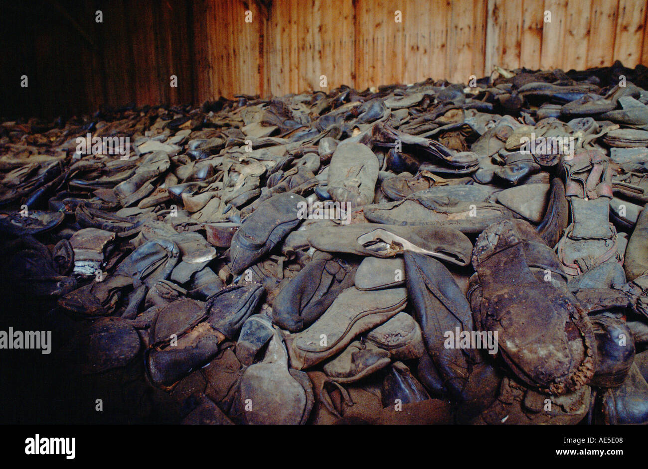 Raum voller ausrangierte Schuhe von Opfern des KZ Majdanek in Polen Stockfoto