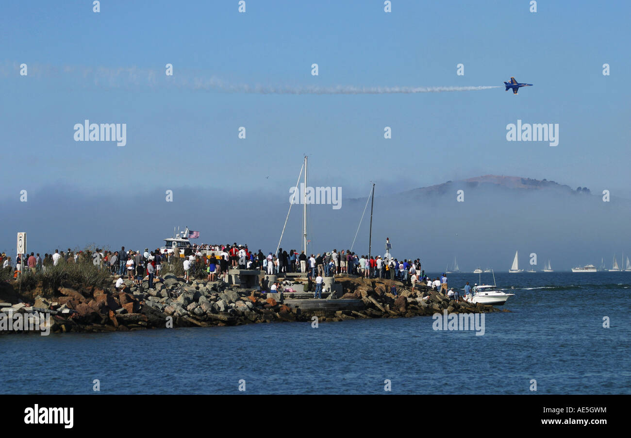 Masse auf Vorgebirge in San Francisco Marina District beobachten eines blauen Engel stehend fliegen durch Nebel steigt aus dem Wasser Stockfoto