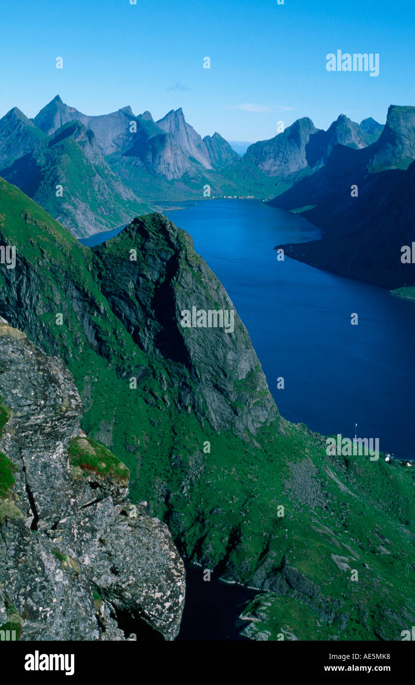 Blick vom Reinebringen, Insel Moskenes, Lokalgeschichte, Norwegen Stockfoto