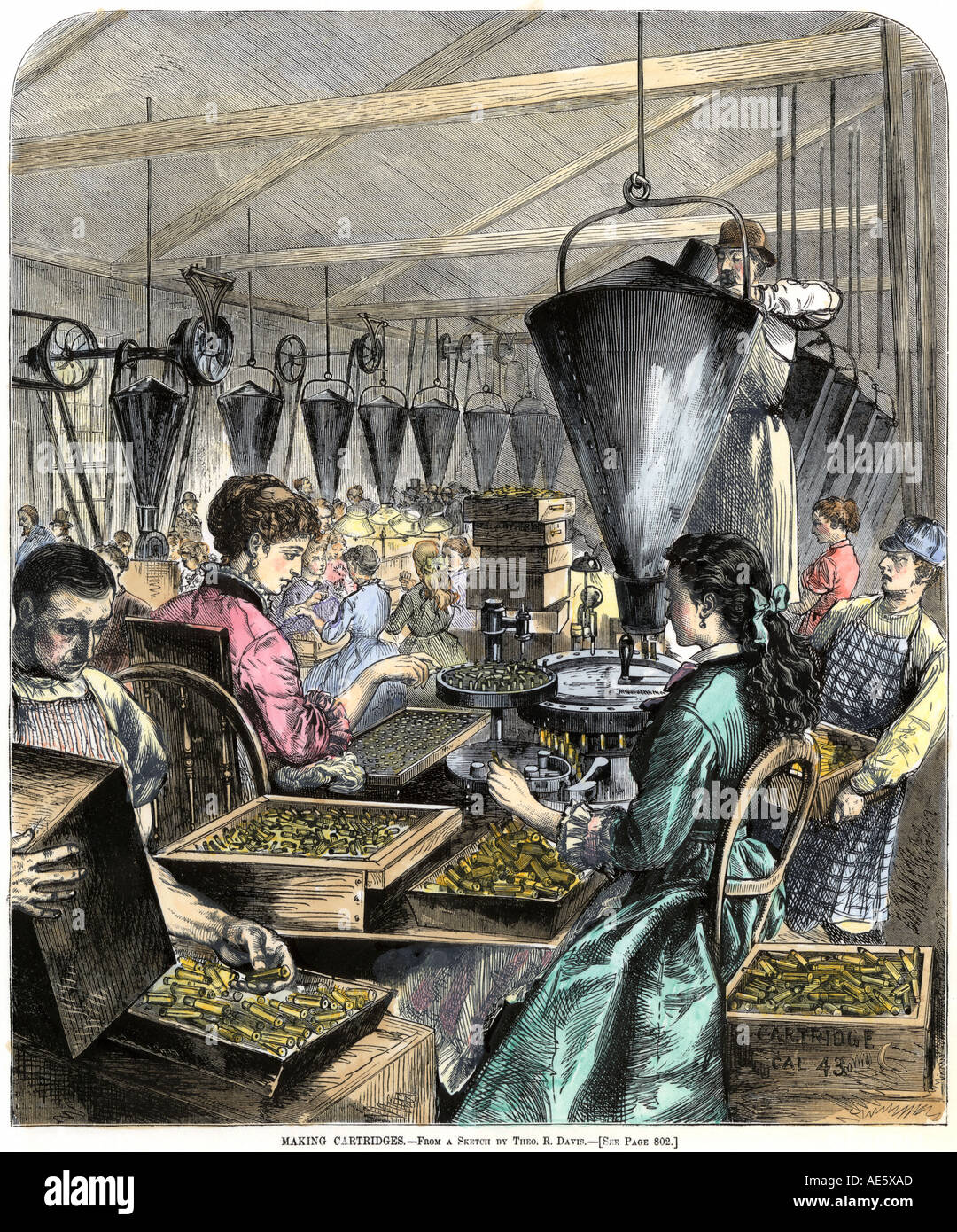 Fabrikarbeiter, die Gewehr Patronen 1870. Hand - farbige Holzschnitt Stockfoto