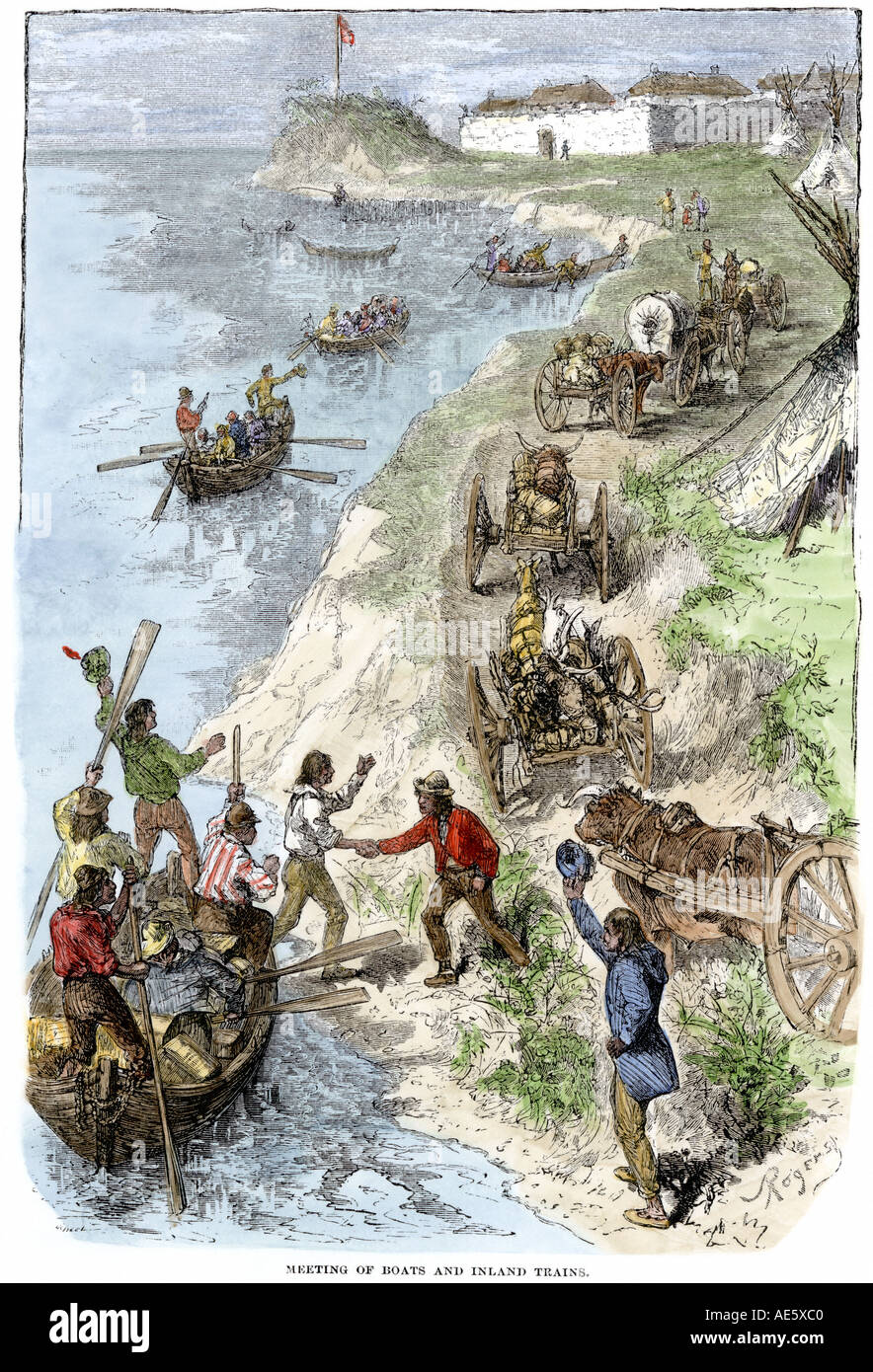Pelzhändler in der Hudson Bay Company outpost Ankunft in Boote und Wagen. Hand - farbige Holzschnitt Stockfoto