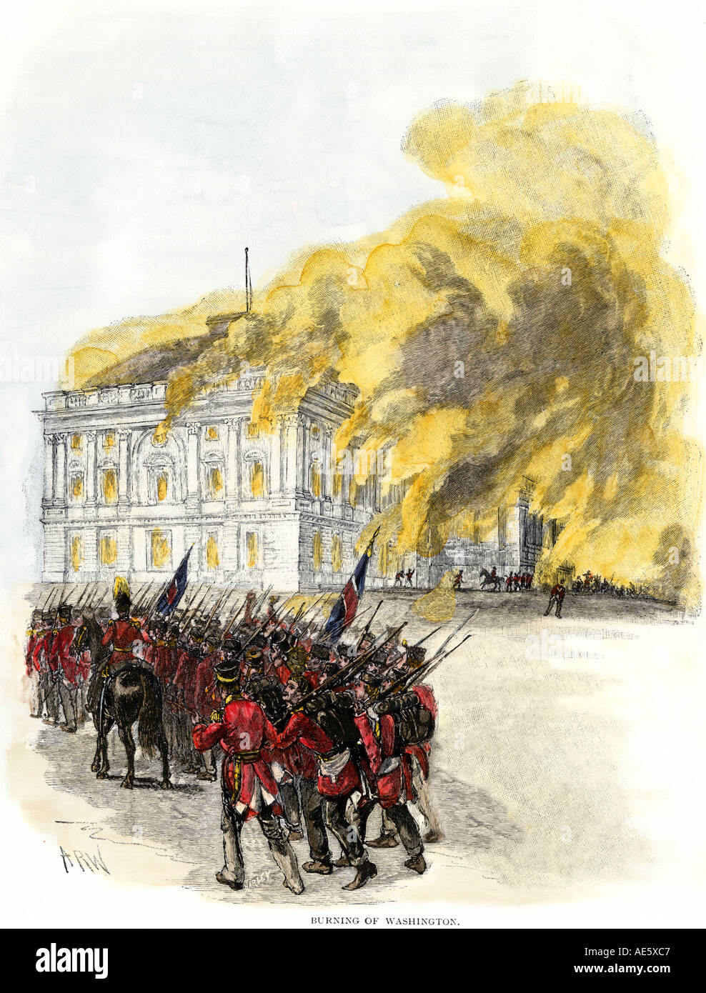 Britische Armee das Weiße Haus brennen im Jahre 1814 während des Krieges von 1812. Hand - farbige Holzschnitt Stockfoto