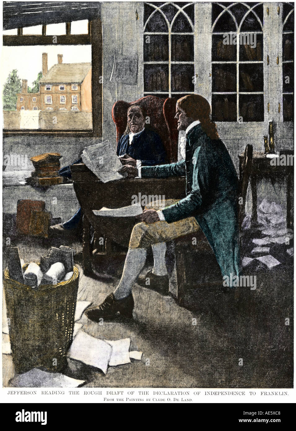 Thomas Jefferson Lesung seinen Entwurf für die Erklärung der Unabhängigkeit zu Benjamin Franklin 1776. Handcolorierte halftone einer Abbildung Stockfoto