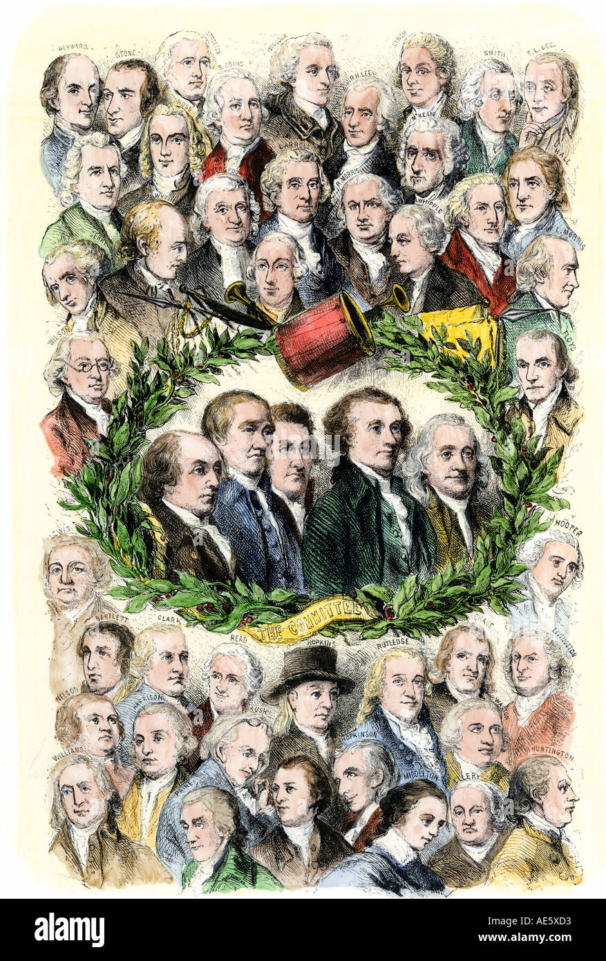 Unterzeichner der Unabhängigkeitserklärung mit dem Redaktionsausschuss in der Mitte 1776. Hand - farbige Holzschnitt Stockfoto