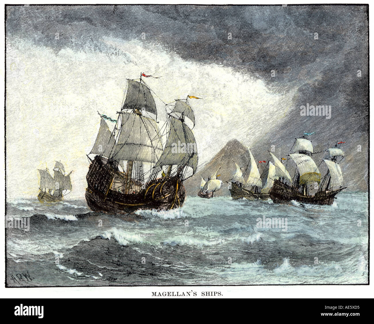 Schiffe von Ferdinand Magellan Rundung Tierra del Fuego 1519 zu 1521 die Erde zu umrunden. Hand - farbige Holzschnitt Stockfoto