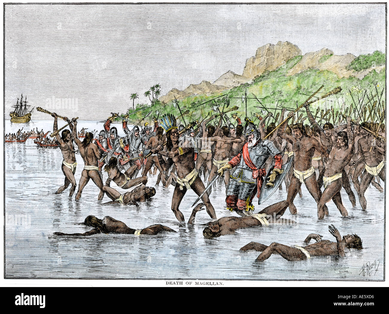 Tod von Magellan auf der Insel Mactan, Philippinen, bevor er seine Umrundung des Globus 1521. Hand - farbige Holzschnitt Stockfoto