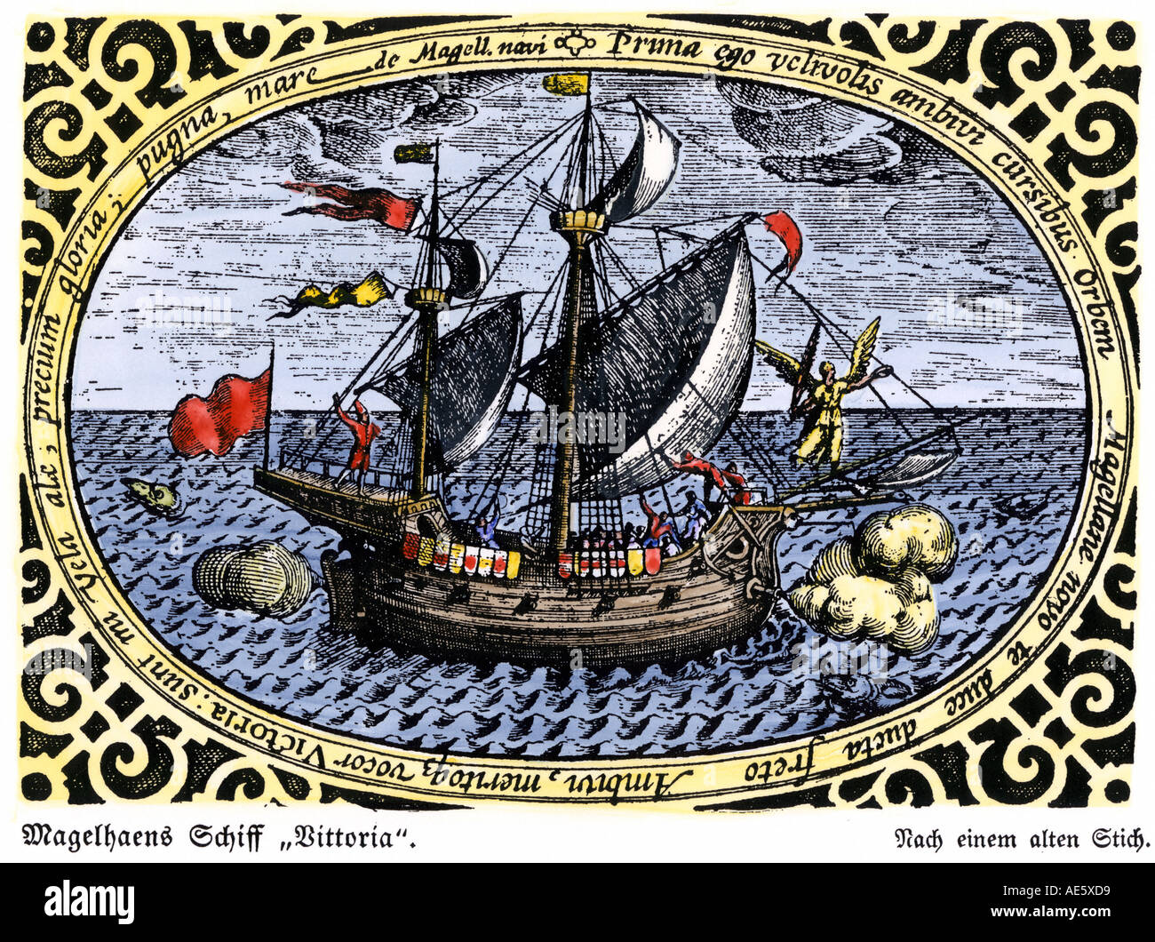 Schiff Victoria von Magellan Expedition, die die Erde 1519 bis 1521 umsegelte. Hand - farbige Holzschnitt Stockfoto