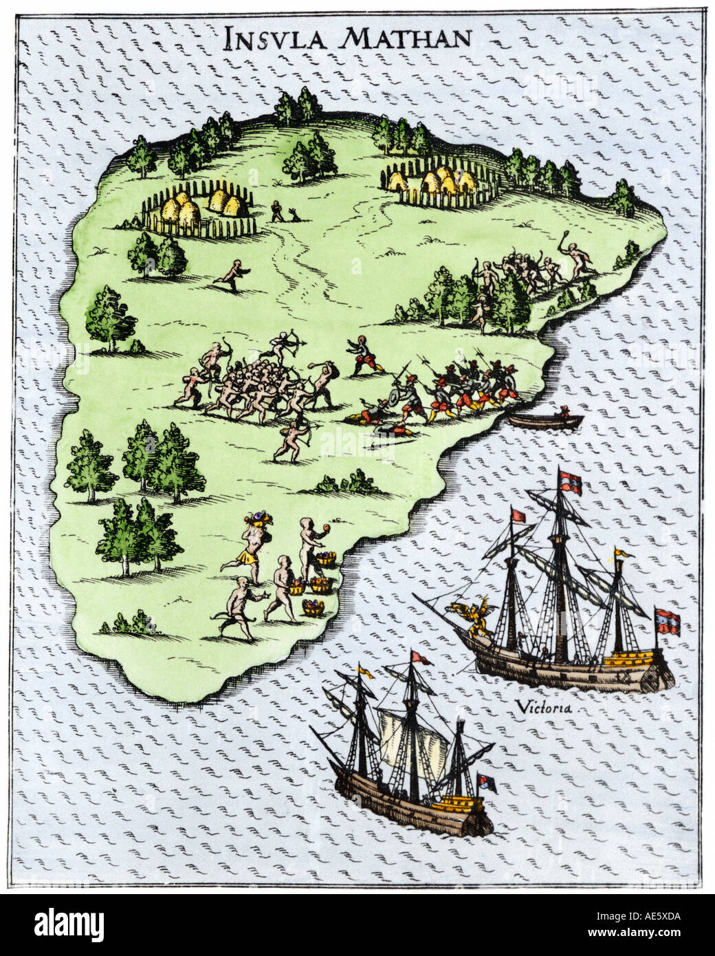 Magellan expedition Schiffe auf Mactan, Philippinen, wo Magellan in einer Schlacht mit Eingeborenen, 1521 getötet wurde. Hand - farbige Holzschnitt von pigafetta Illus. Stockfoto