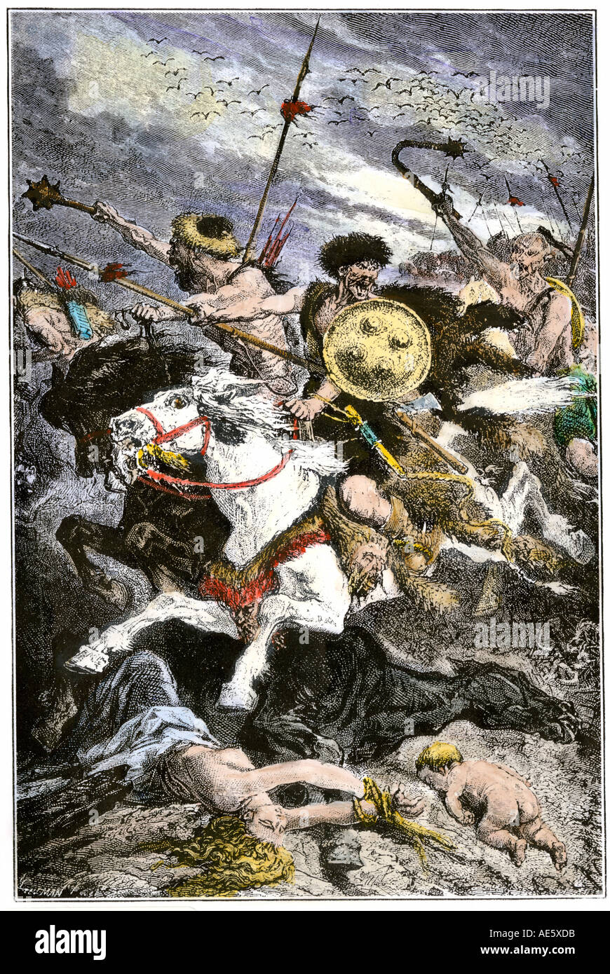 Attila der Hunnenkönig ravaging Mähren während der Invasion von Mitteleuropa. Hand - farbige Holzschnitt Stockfoto