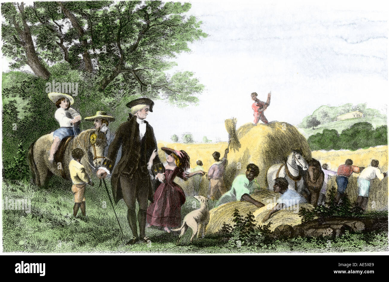 George Washington Custis und Kinder mit Händen zu Hause Mt Vernon. Hand - farbige Gravur Stockfoto