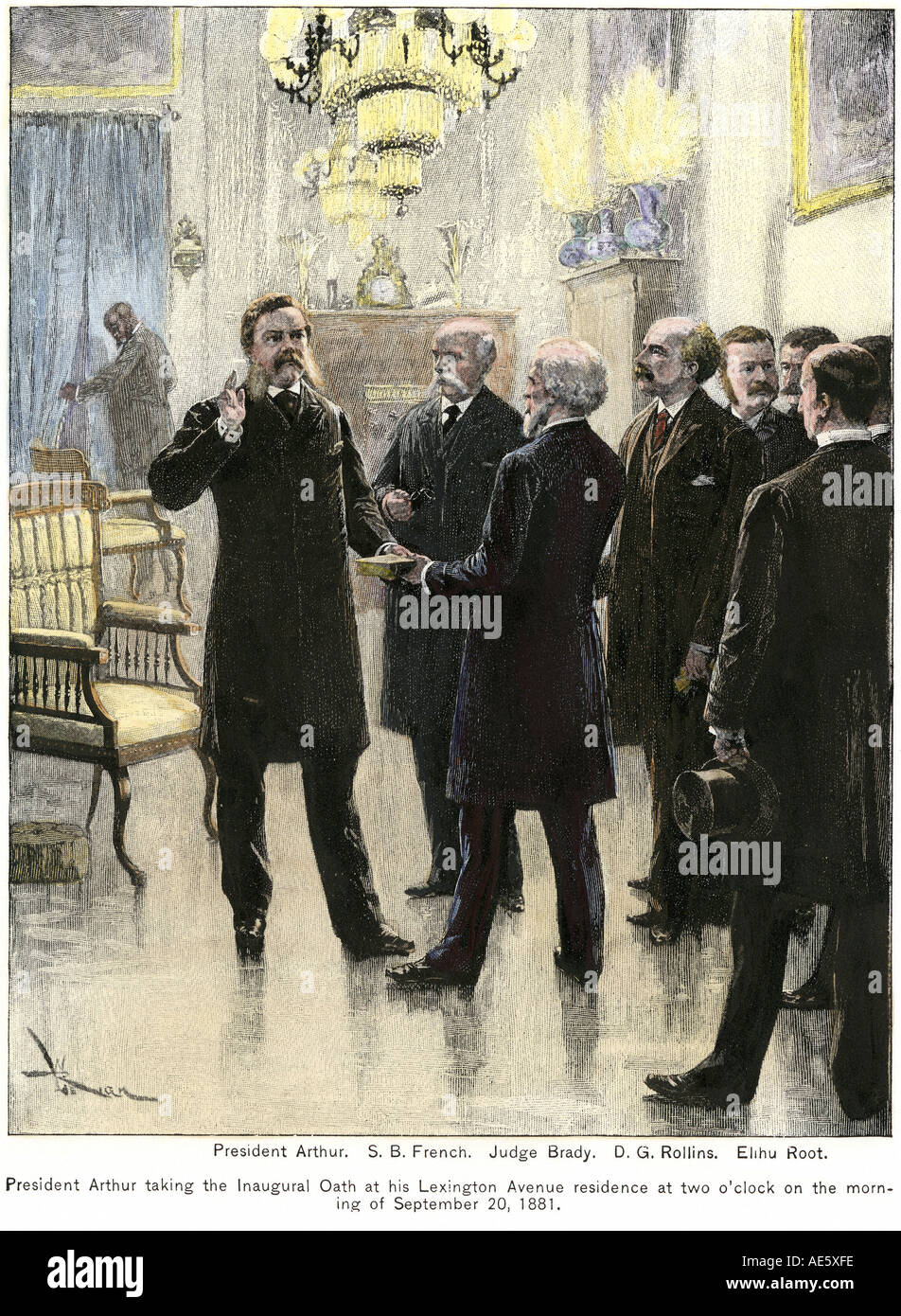 Chester Arthur unter Berücksichtigung der Präsidentschaftswahlen Eid in seiner Wohnung in New York City, nachdem Präsident Garfield Ermordung 1881. Hand - farbige Holzschnitt Stockfoto