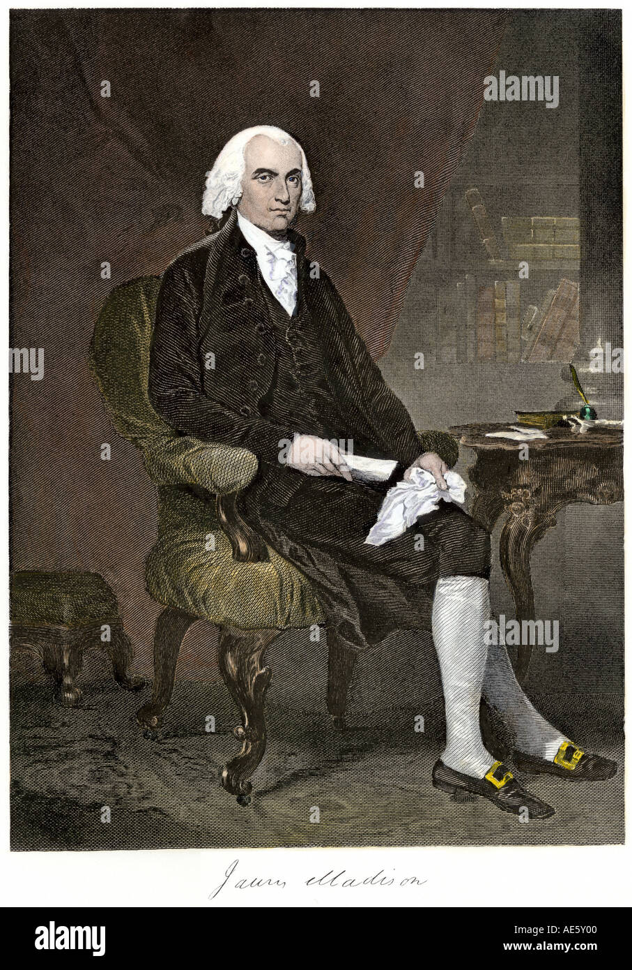 James Madison Portrait und Unterschrift. Handcolorierte Stahlstich Stockfoto