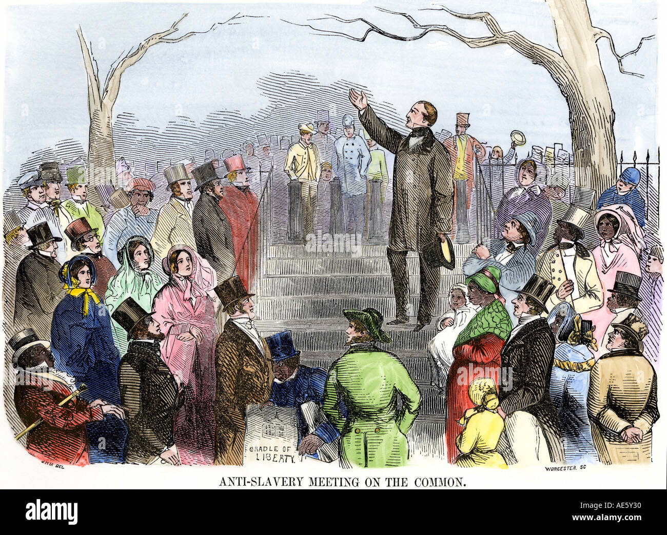Wendell Phillips sprechen gegen die Sklaverei auf Boston Common 1850. Hand - farbige Holzschnitt Stockfoto