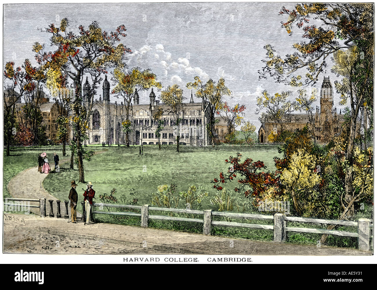 Harvard College Cambridge Massachusetts 1870. Hand - farbige Holzschnitt Stockfoto