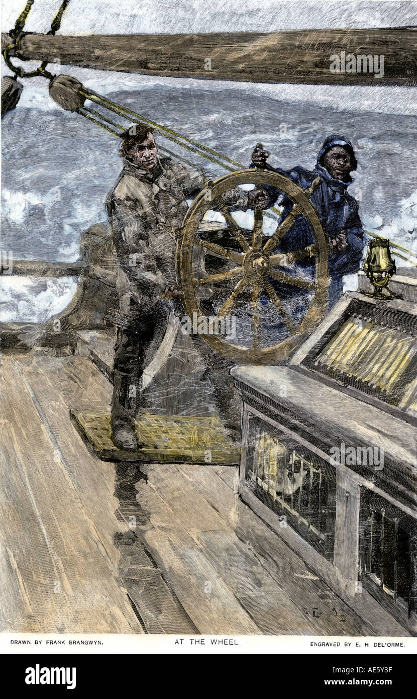 Segler am Rad eines Handelsschiffes in einem Sturm 1800. Hand - farbige Holzschnitt Stockfoto