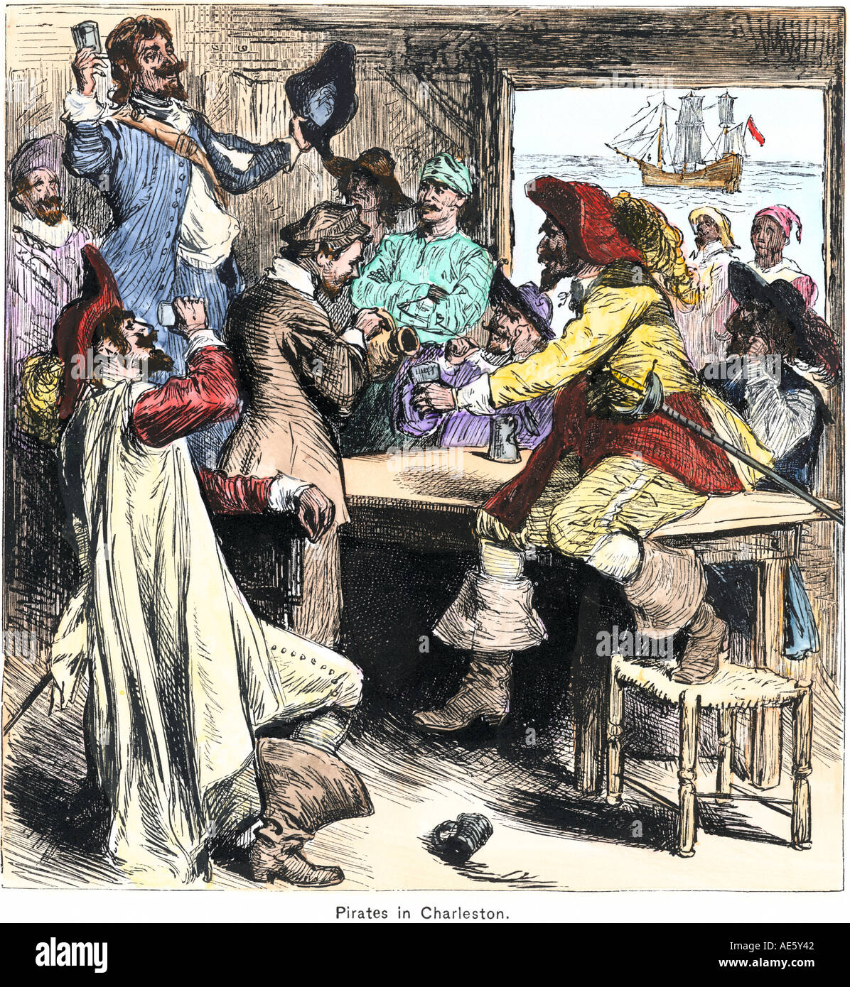 Pirate Feier in Charleston South Carolina in den 1700er Jahren. Hand - farbige Holzschnitt Stockfoto