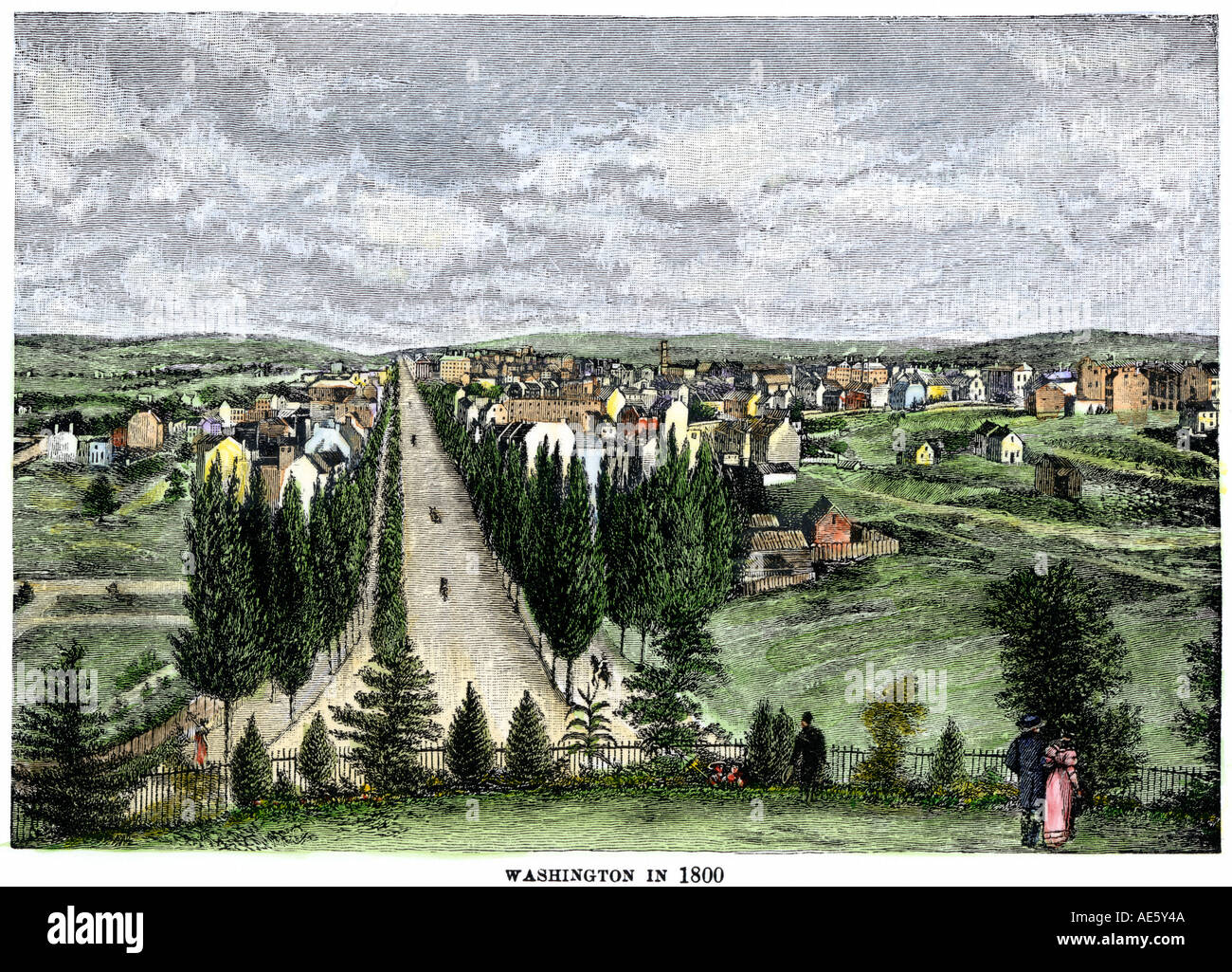 Washington DC 1800, die Pennsylvania Avenue vom Kapitol entfernt. Hand - farbige Holzschnitt Stockfoto