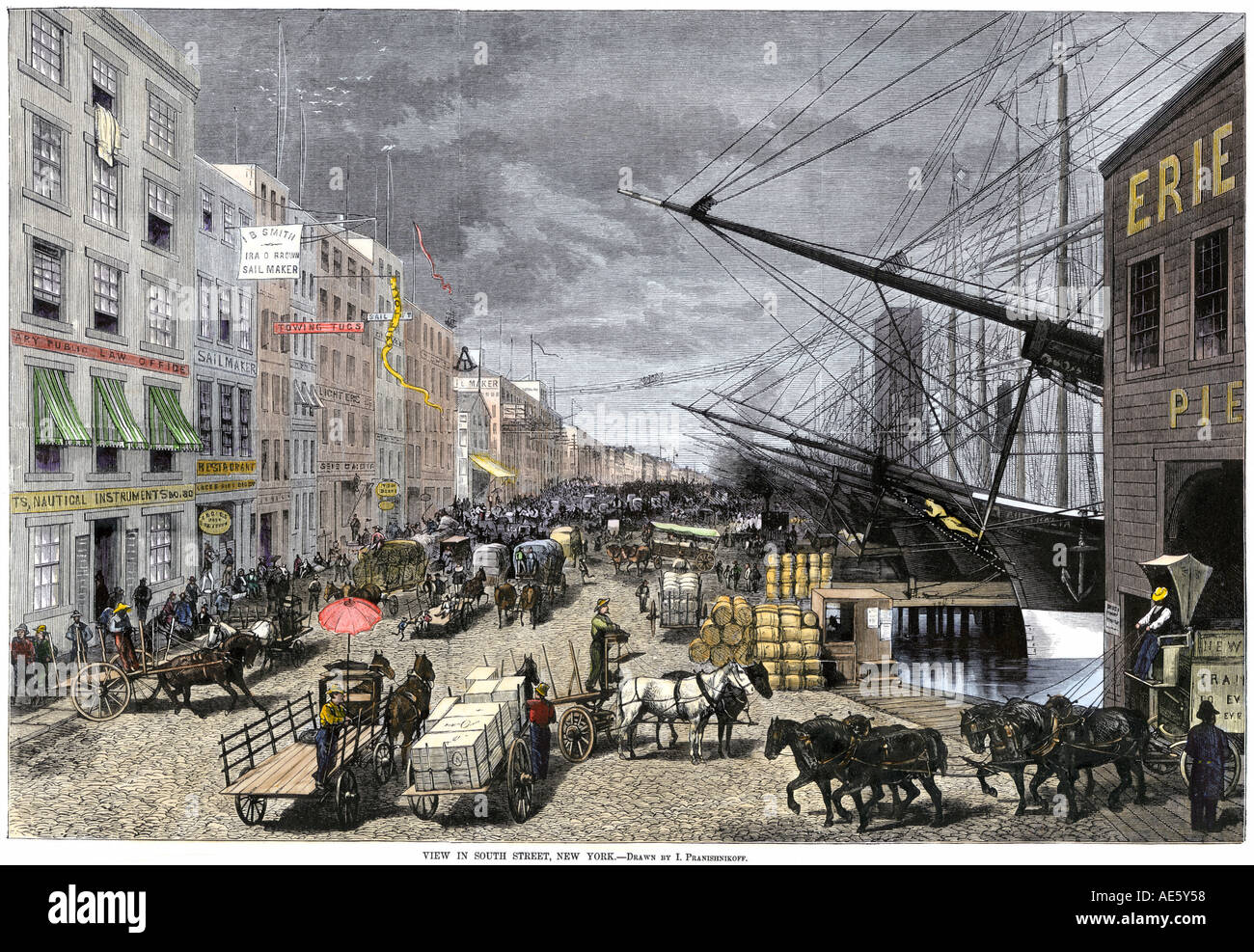 Handelsschiffe entladen in South Street Hafen New York City 1870. Hand - farbige Holzschnitt Stockfoto