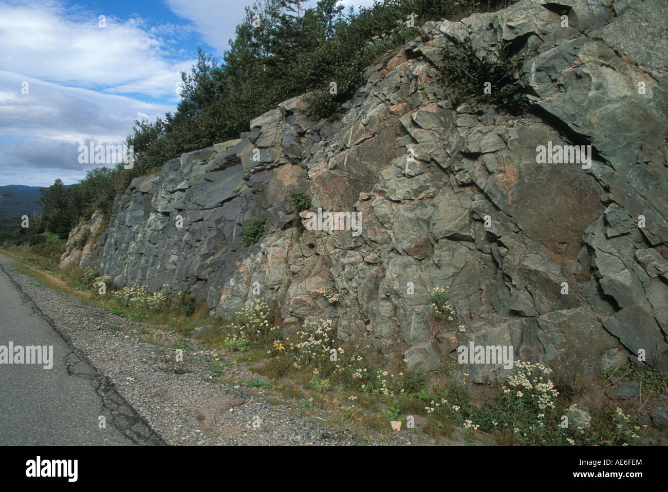 Straße Schnitt macht Einheitlichkeit Schicht Steine Gros Morne National Park Neufundland Kanada Stockfoto