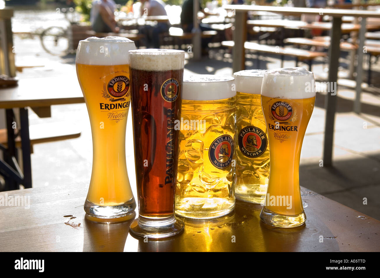 Fünf große Gläser Bier Stockfoto