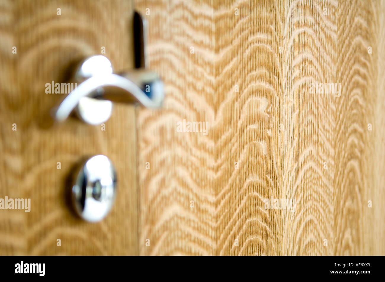 Moderne Türgriff auf Holztür mit Holzmaserung Textur Stockfoto