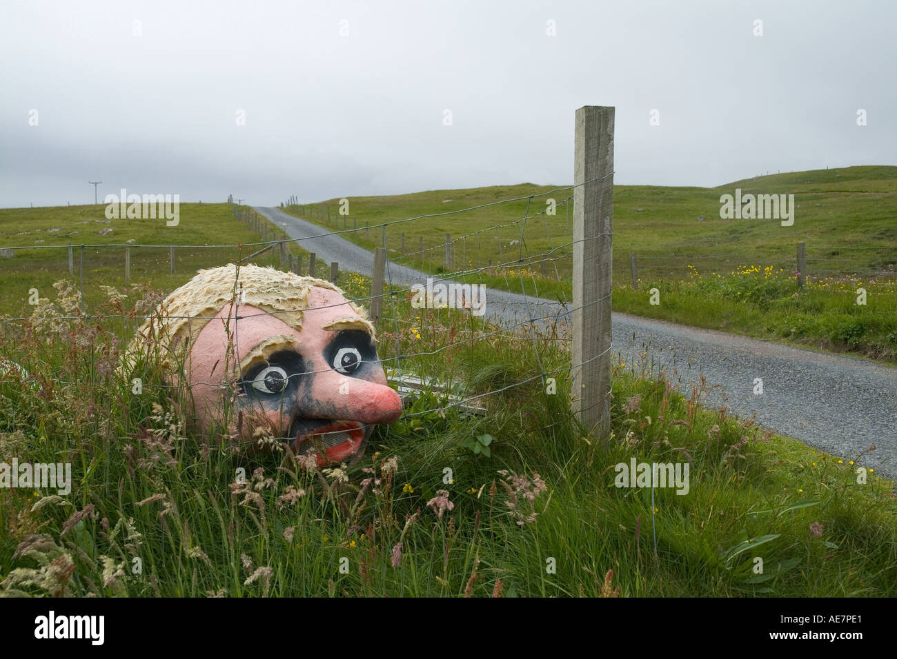 dh BRINDISTER SHETLAND Leiter Modell Troll Puppe hinter Zaun Im Feld Straße Marionette Landschaft Insel Stockfoto