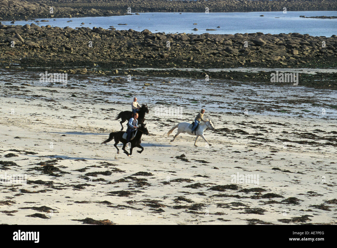 Frankreich Bretagne Insel Batz Touristen Reiten Reiten am Strand-Seitenansicht Stockfoto
