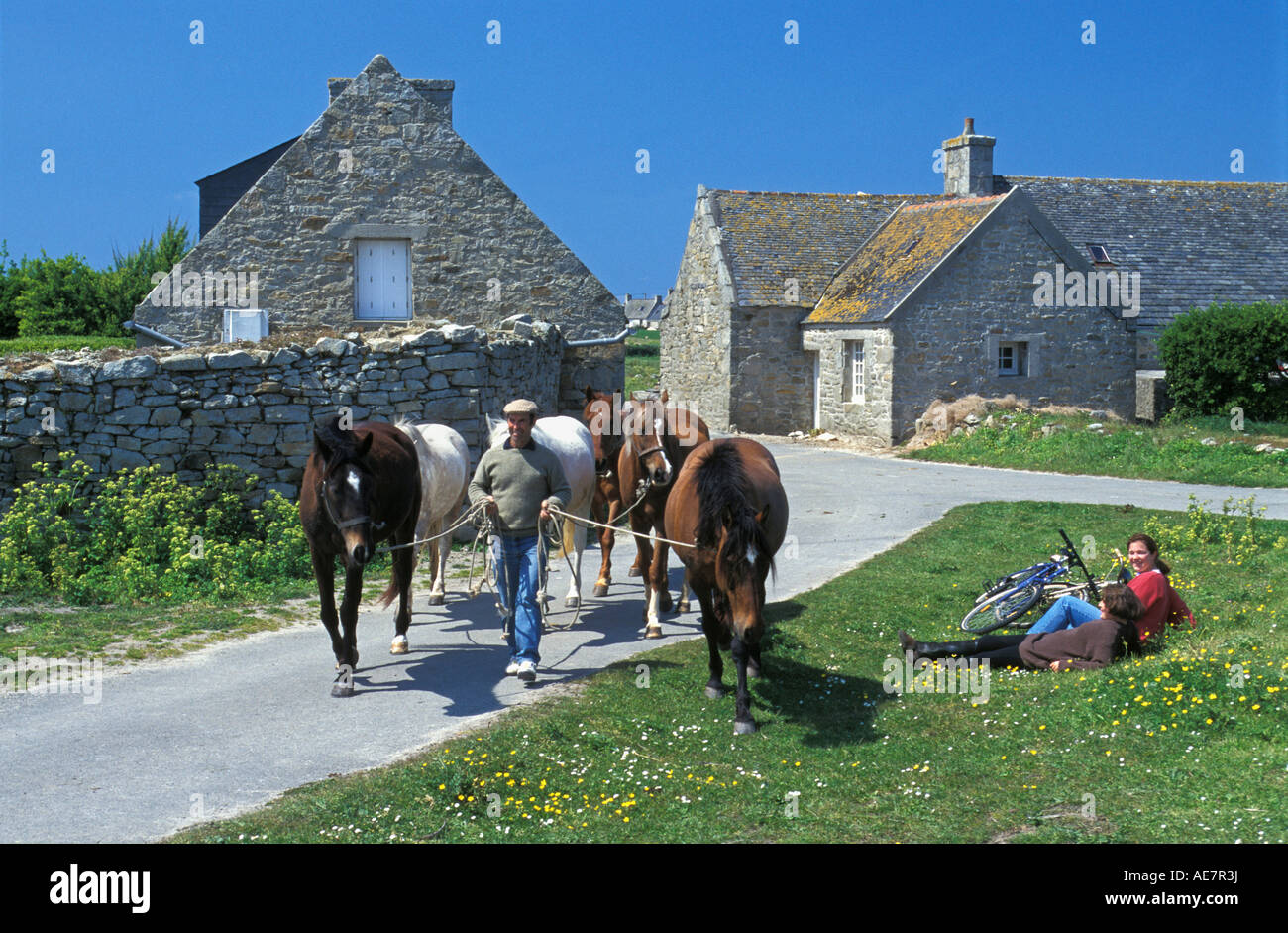 Frankreich, Bretagne, Insel Batz, Landwirt Reitpferd zum Feld zu bringen. Radfahrer-Mann und Frau ruht Stockfoto