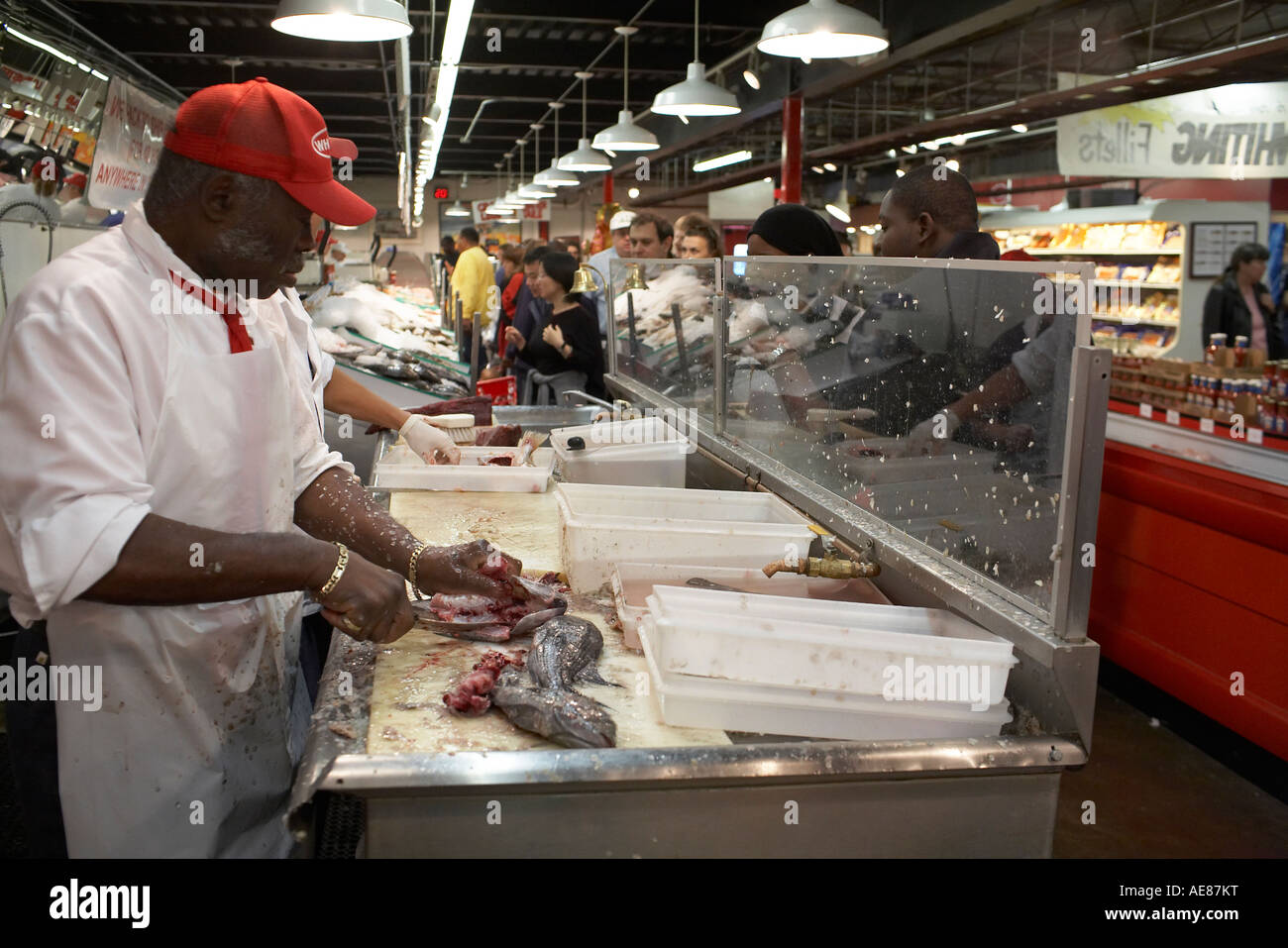 Mann Skalierung Fisch Wholey s Markt Pittsburgh PA USA Stockfoto